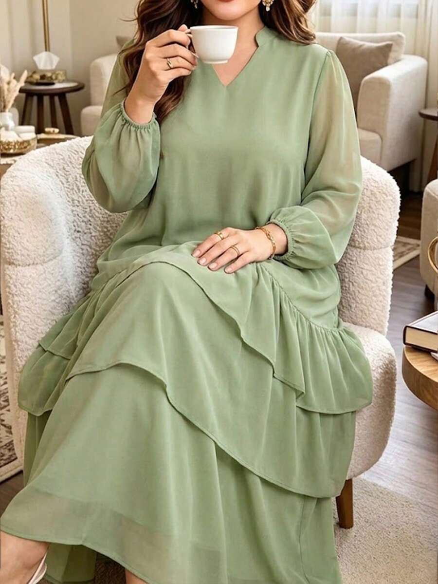 Al Najma Gaun Arab Wanita Ukuran Besar, Lengan Lentera, Longgar, Berkerut, Bahan Chiffon, Elegan, Romantis, Warna Polos, Musim Semi/Panas - Hijau - View 1