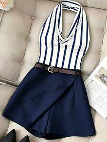 Franclia Casual Fashion Commute Versatile Solid Color Pleated Halterneck Halter Neck Top With Black Skort (Includes Belt) 2pcs Set - Navy Blue - View 3