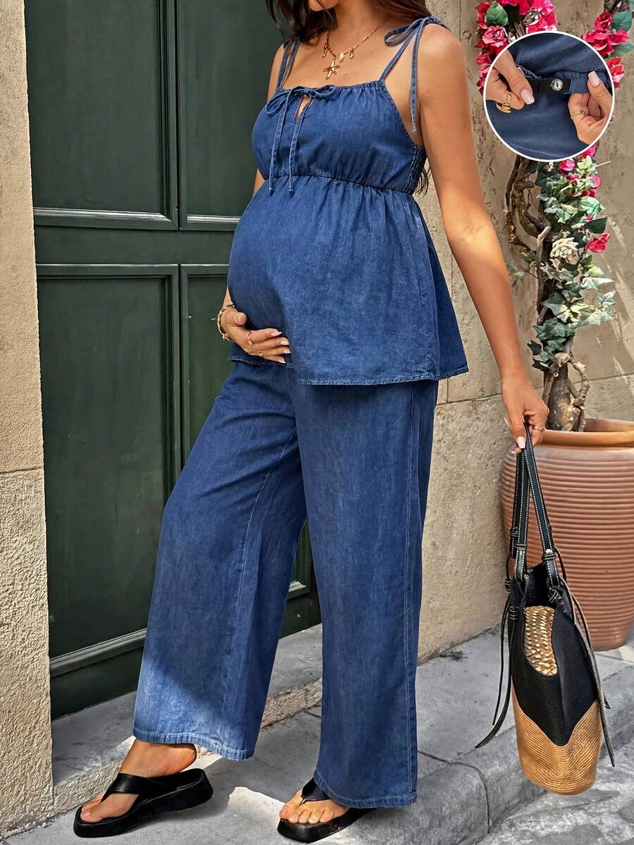 SHEIN 孕婦休閒簡約繫帶細肩帶背心與可調腰圍牛仔長褲兩件套,夏季秋季適用,適合祭典、海灘與正式場合,天藍色 - 藍色 - 查看 1