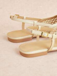 Rosivie 女款方頭平底淺杏色編織材質後扣式平底鞋 度假風復古波希米亞風格 - 編織米色 - 查看 5