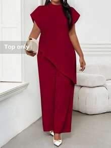 SHEIN Lady 2025 New Plus Size Women Solid Claret Metallic Round Neck Loose Asymmetric Hem Elegant Claret Blouse, Valentine's Day New Year Party Going Out - Burgundy - View 1