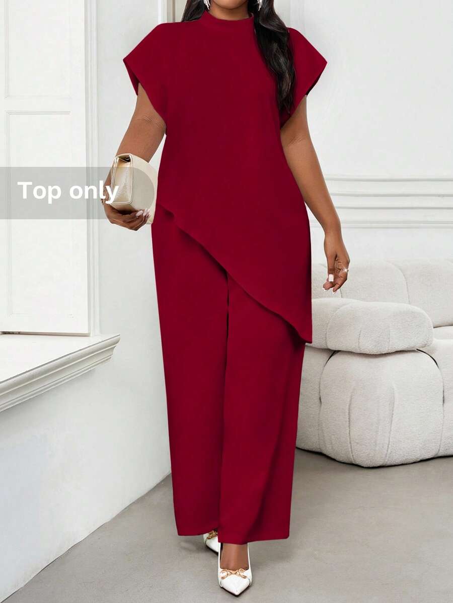 SHEIN Lady 2025 New Plus Size Women Solid Claret Metallic Round Neck Loose Asymmetric Hem Elegant Claret Blouse, Valentine's Day New Year Party Going Out - Burgundy - View 1