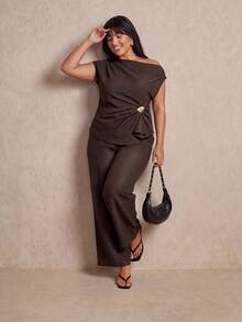 Elaquor Plus Size Women's Elegant Brown Autumn Curve Cocktail Outfit,Asymmetrical Neck Metal Ruched Top And Wide Leg Pants 2-Piece Set,Commuting Vacation - Brown - View 6