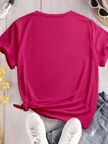Easter Silent Letter Rabbit Gaster Print Loose Fit Short Sleeve Casual Round Neck T-Shirt, Suitable For Daily Wear, Plus Size Women - Hot Pink - View 2