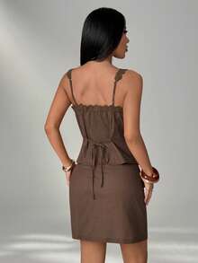 SHEIN PETITE 2026 Women's Spring/Summer Resort Collection: New Casual, Minimalist, Street-Style, Vintage-Inspired Brown Lace-Panel Cami Top And Skirt Set. Perfect For Home, Outings, The Beach, Fashion-Forward Looks, Casual Wear, Commuting, Vacations, Formal Occasions ,Petite Women - Brown - View 2