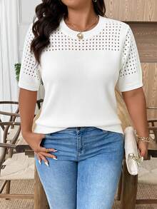 EMERY ROSE Plus Size Casual Hollow Out Round Neck Short Sleeve Top Going Out Tops - White - View 3
