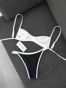 Swim Mod 女款夏季海灘極簡優雅浪漫休閒度假性感甜美可愛時尚泳衣套裝，百搭百搭黑白對比，可正反穿黑白，多種造型選擇，平口微比基尼，適合海灘、度假村、水療、音樂節、蜜月及休閒度假場合 - 黑與白 - 查看 6