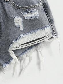 ROMWE Summer Vacation Daisy Floral Embroidered Distressed Denim Shorts - Grey - View 4
