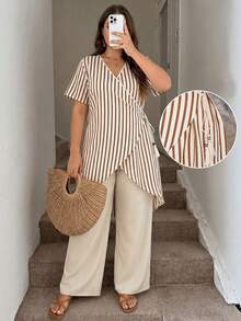 Lacomfia Plus Size Women's Beige Casual Boho 2-Piece Set, Long Loose Fit Top With Beads, Tassels And Drawstring, Paired With Wide Leg Pants, Vacation - Khaki - View 2
