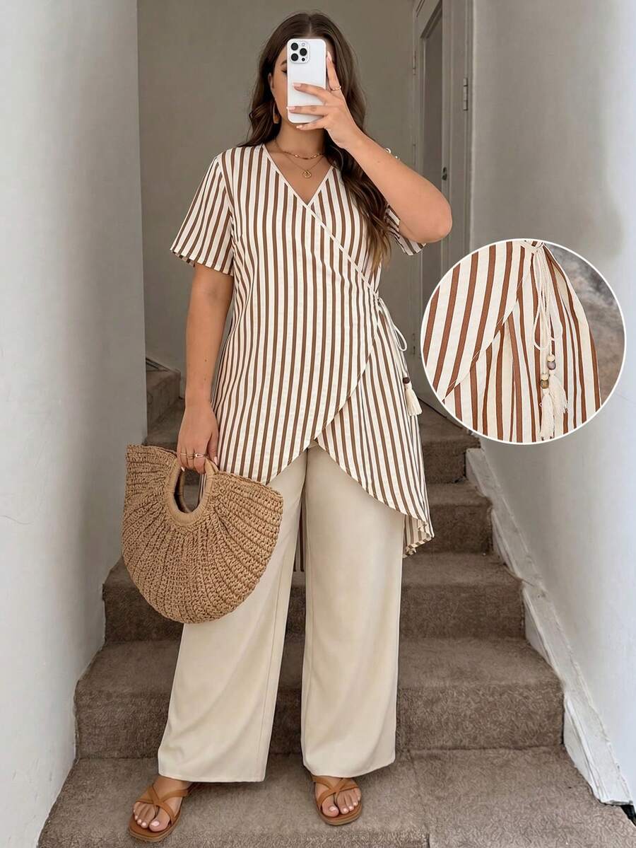 Lacomfia Plus Size Women's Beige Casual Boho 2-Piece Set, Long Loose Fit Top With Beads, Tassels And Drawstring, Paired With Wide Leg Pants, Vacation