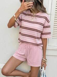 SHEIN LUNE Bộ đồ nữ 2 món cổ tròn vai trễ áo top và quần short dây rút, trang phục thường ngày mùa hè cho nữ - Nhiều màu - Xem 4