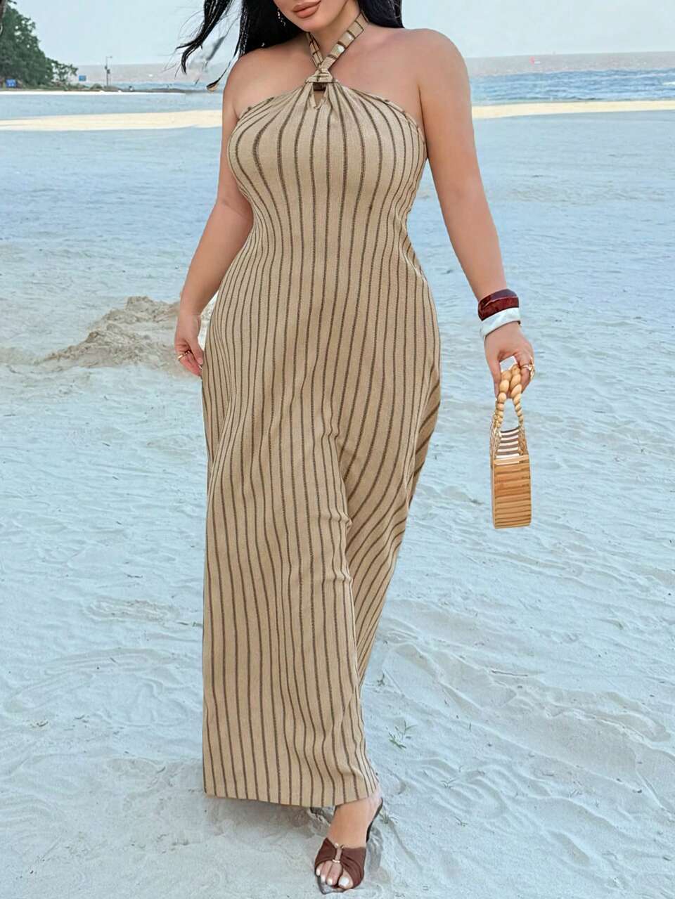Dazy Plus Spring Summer Casual Commuter Minimalist Fine Stripe Bohemian Style Fashion Long Halter Neck Maxi Dress Vacation Style Plus Size Women's Dress