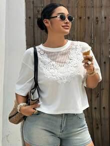 Dazy Plus Plus Size Women's Spring/Summer Casual Loose White Short Sleeve T-Shirt With Small Round Neck And Contrast Lace Design - White - View 2