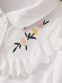 SHEIN Girls White Petal Sleeve Pearl Decor Detachable Bow Top Back To School Essential Fall Elegant Preppy - White - View 3