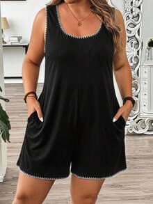 Comfylo Casual Shell Flower Contrast Craft Plus Size Women's Square Neck Tank Top Jumpsuit Suitable For Summer, Black Jumpsuit - Black - View 1