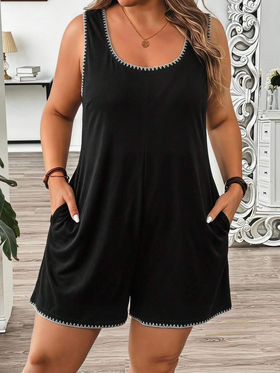 Comfylo Casual Shell Flower Contrast Craft Plus Size Women's Square Neck Tank Top Jumpsuit Suitable For Summer, Black Jumpsuit - Black - View 1