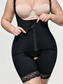 SHAPORA Combinaison pour femmes grandes tailles de couleur unie, style minimaliste avec patchwork en dentelle - Noir - Voir 4
