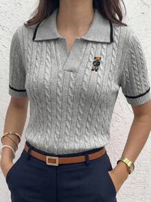 Briarwyn Women's Cartoon Bear Pattern Lapel Short Sleeve Knit Top Back-To-School School Grey Autumn Preppy - Light Grey - View 6