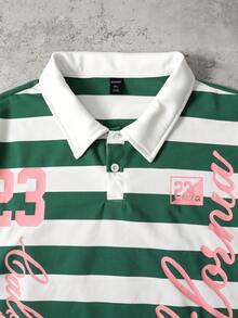 ROMWE MEN Men's Digital Print Loose Fit Striped Polo Shirt - Green - View 3