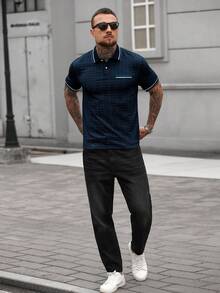 Manfinity CasualCool 男士條紋印花休閒短袖 Polo 衫，夏季，正式 - 寶藍色 - 查看 3