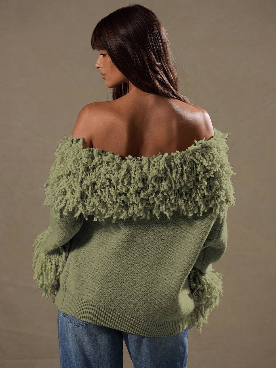 Green Textured Shaggy Knit Off The Shoulder Jumper