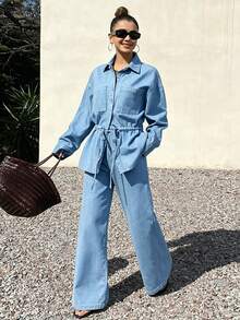 DAZY 春夏宽松休闲度假风衬衫阔腿牛仔裤套装，复古奢华女士牛仔服饰 - 藍色 - 查看 6