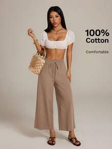 SHEIN PETITE 女款純色腰部繫帶寬腿寬鬆長褲，適合嬌小女性 - 卡其色 - 查看 5