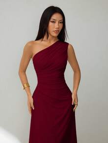 SHEIN PETITE 女款優雅正式辦公通勤休閒度假派對復古收腰百褶A字長袖酒紅色夏季洋裝，適合嬌小女性 - 酒紅色 - 查看 8