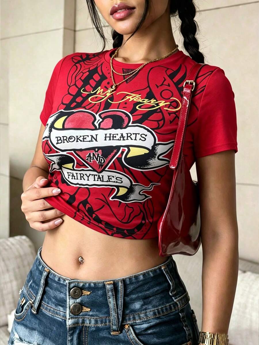 SHEIN LUNE 红色做旧心形图案短款女式上衣,休闲时尚。 - 紅色 - 查看 1