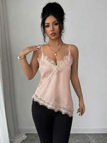 Camiseta de mujer de estilo francés elegante con contraste de color y encaje, con bajo asimétrico - Rosa vieja - Ver 4