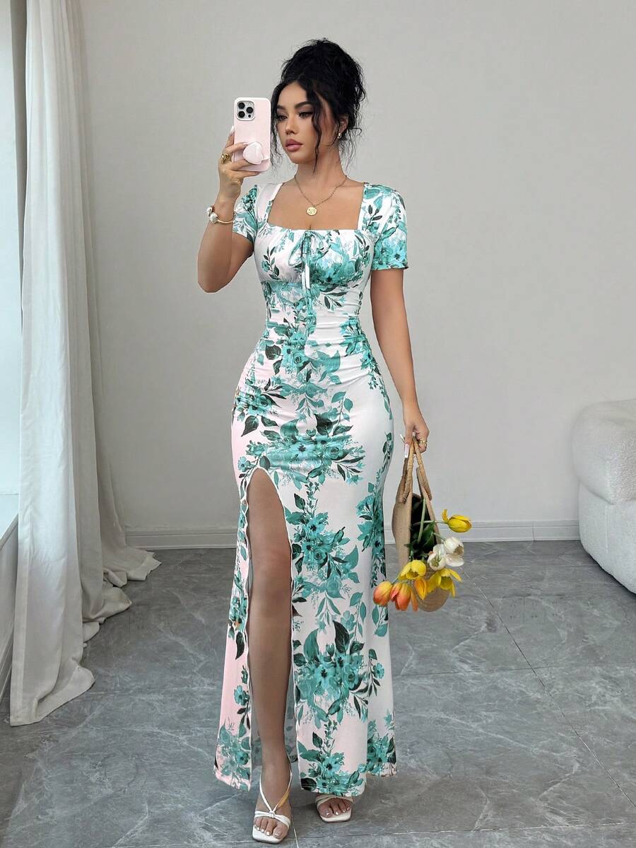 Rafferiza Women's Summer Short Sleeve Dress Digital Print Vacation Dress Beach Holiday Dress Hem Slit Waist Gathered Long Dress - Mint Green - View 1