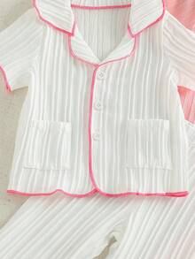 SHEIN 嬰兒與幼兒 0-3 歲 4 件套，白色與粉色領口短袖紋理布料套裝，適合日常穿著、休閒、居家及更多場合 - 彩色 - 查看 5