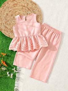 Elladie kids 女童夏季兩件套，藍色無袖上衣 + 寬腿褲，大女童完美的夏季穿搭！無袖圓領上衣採用簡約優雅設計，下擺鏤空刺繡細節營造出精緻活潑的風格，展現甜美優雅；一套完整的穿搭，適合日常上學、公園出遊、好友聚會等更多場合 - 粉色 - 查看 5