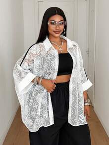 Maweii French Vintage Hollow Out Blouse, Slouchy Plus Size Loose Batwing Sleeve Mid-Length Shirt - White - View 2
