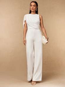 Silquee Spring/Summer Women's Mesh Patchwork Round Neck Sleeveless White Jumpsuit With Mesh Fabric Drape Office Bachelorette Party Wedding Outfits Elegant - Apricot - View 4
