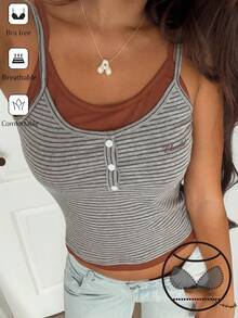 DAZY Women's Summer Casual Striped Patchwork 2 In 1 Camisole Tank Top - Coffee Brown - View 5