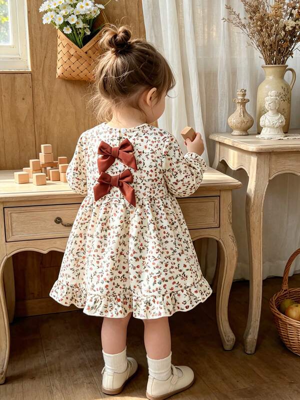Vintaside Kids Baby Girls Pastoral Style Elegant Small Floral Pattern Contrast Color Bowknot Round Neck Long Sleeve Ruffle Hem Dress Suitable For Daily Wear, Outings, Vacation, Spring, Autumn And Summer