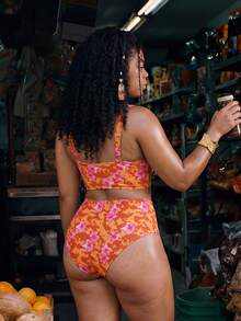 Swim Mod 2026 New Summer Plus Size Women 2pcs Set Random Print High Waist Triangle Bikini Bottom Ruched Casual Swimsuit - Orange - View 2