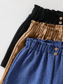 Tween Girl 3pcs Solid Color Elastic Waist Button Decor Casual Shorts - Multicolor - View 3