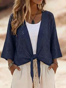 SHEIN Holidaya Women's Solid Color Casual Versatile Daily Outing Cardigan - Royal Blue - View 5