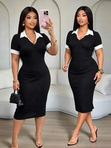 SOLERSUN 大尺碼女款優雅老錢風對比色波羅領壓褶貼身洋裝 - 黑色 - 查看 1