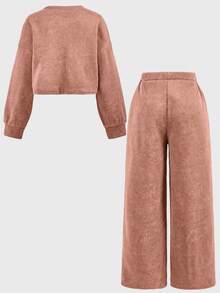 SHEIN Tween女孩秋冬休閒街頭風雪花印花寬鬆圓領長袖套頭衛衣＋百褶寬腿運動長褲套裝 2件組 咖啡色 秋冬穿搭 - 粉色 - 查看 3