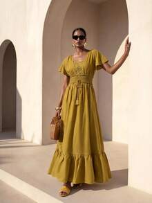 Zivah Summer Boho Vacation Mustard Yellow V-Neck Lace-Trimmed Multi-Layered Ruffled Halter Women Long Dress Suitable For Everyday Music Festivals Picnic - Mustard Yellow - View 8