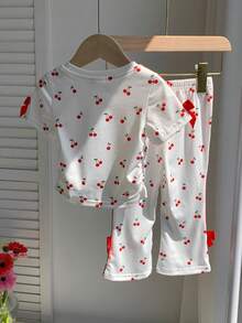 SHEIN Baby Girl Knit Cherry Pattern Crew Neck Ruched Casual T-Shirt And Long Pants 2pcs Set - Multicolor - View 2