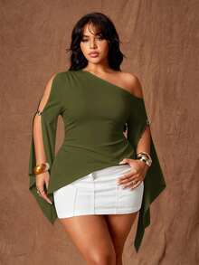 Rustia Top de talla grande para chica sexy con un hombro, recorte y dobladillo asimétrico - Verde militar - Ver 1