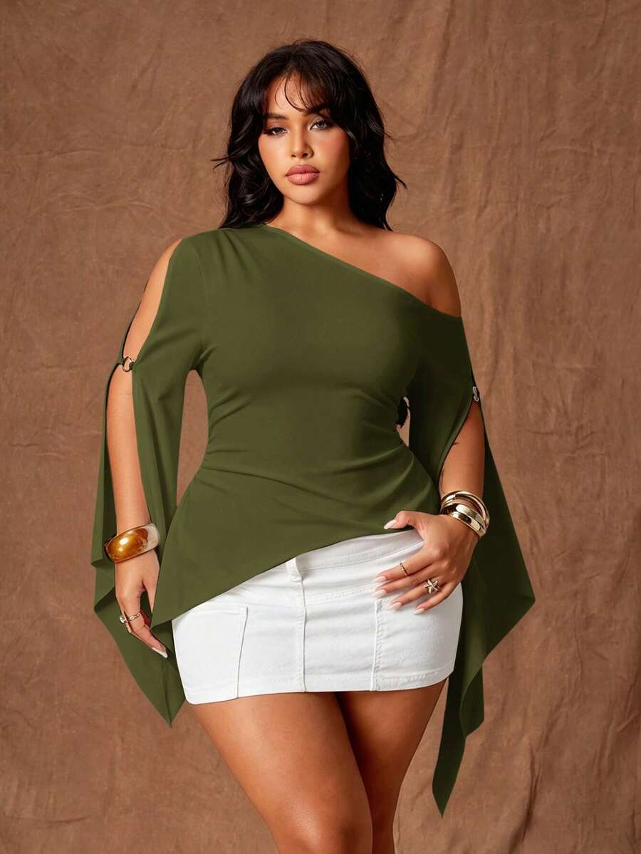 Rustia Top de talla grande para chica sexy con un hombro, recorte y dobladillo asimétrico - Verde militar - Ver 1