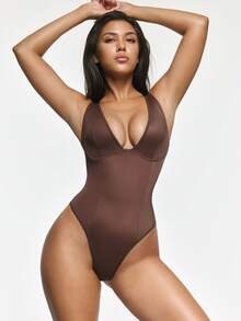 SHAPORA Body de unicolor con escote en V profundo y sexy para mujer - Multicolor - Ver 3
