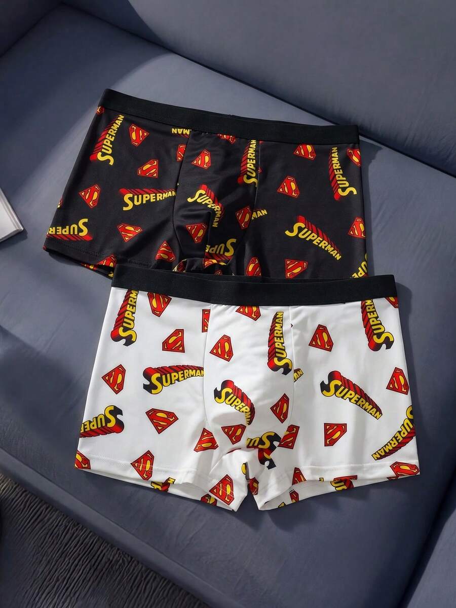 SUPERMAN X SHEIN Men's Fashion Letter Print Boxer Briefs - Black and White - View 1