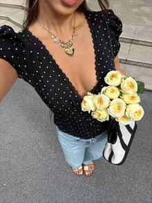 Serisse 女款波點圖案對比蕾絲深V領花瓣袖襯衫 - 彩色 - 查看 5
