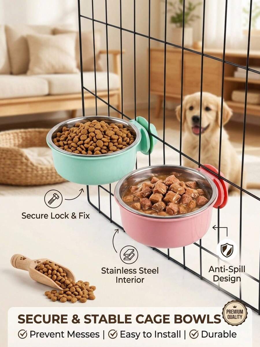 PETSIN 悬挂式狗碗,可拆卸不锈钢狗粮碗,水碗,二合一可折叠喂食器,适用于宠物笼,宠物用品 - 默認 - 查看 1